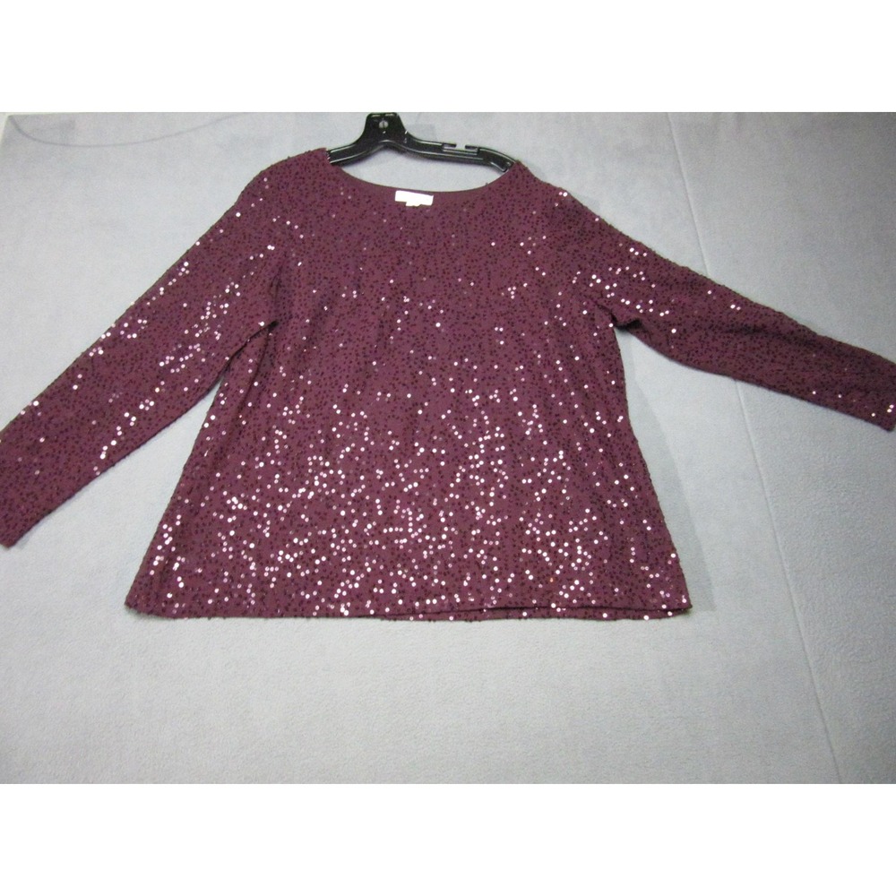 Coldwater Creek Blouse Womens 1X Purple Sequin Long Sleeve Chiffon Lined Top